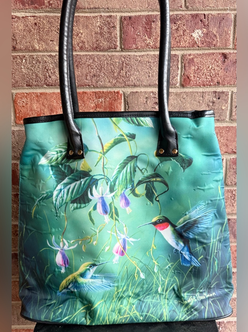 James Hautman Galleria Floral Hummingbird Tote Bag in Teal
